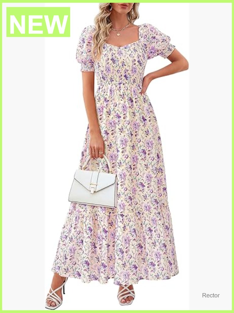 Boho Flowy Maxi Dress With Pockets Short Sleeve Smocked Eyelet